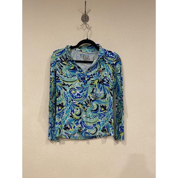IBKUL Shirt Womens Small Blue Green Paisley UPF 50+ Long Sleeve Quarter Zip Golf - Picture 1 of 4